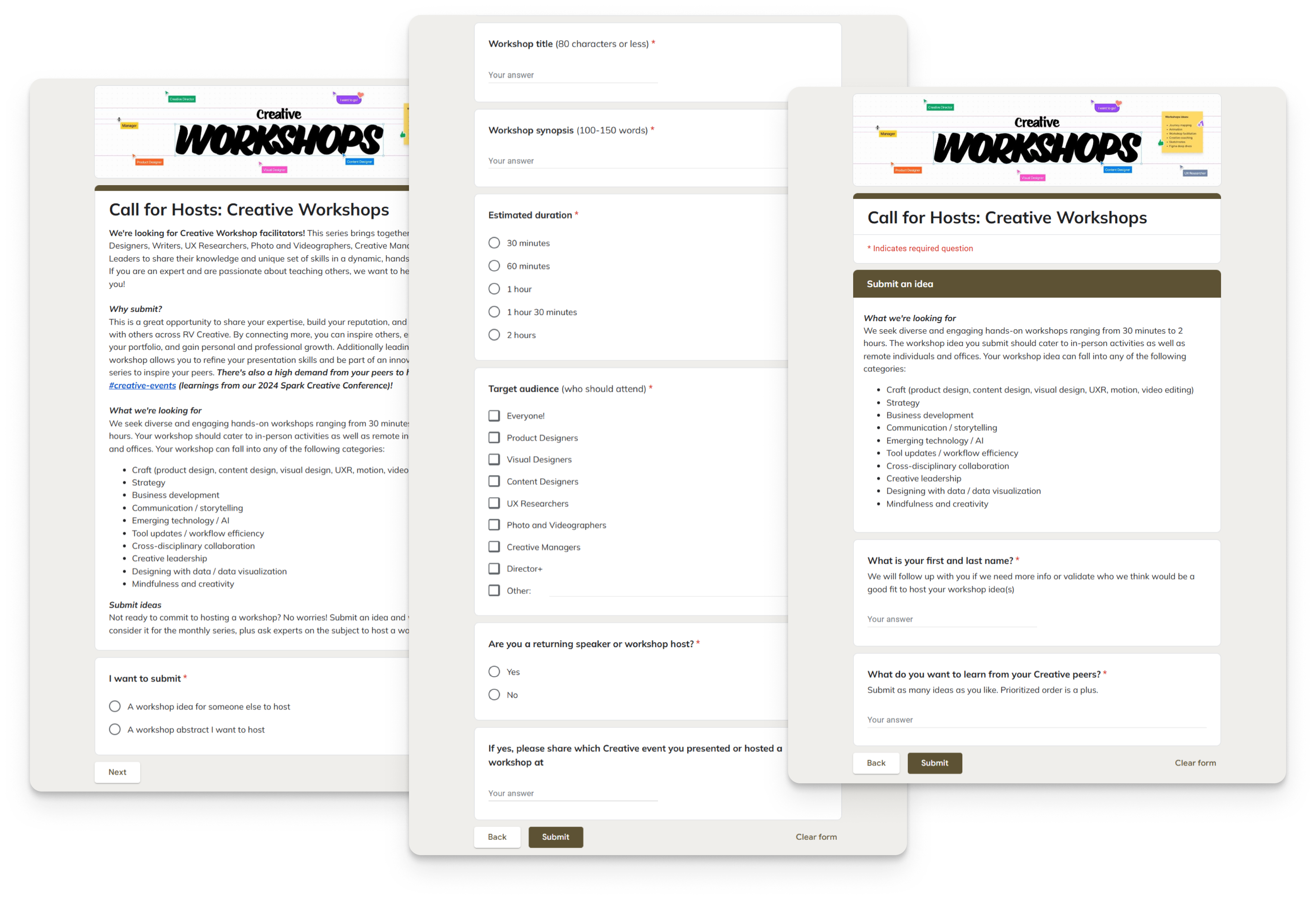 Screenshot of the submission form for "Call for Hosts: Creative Workshops"