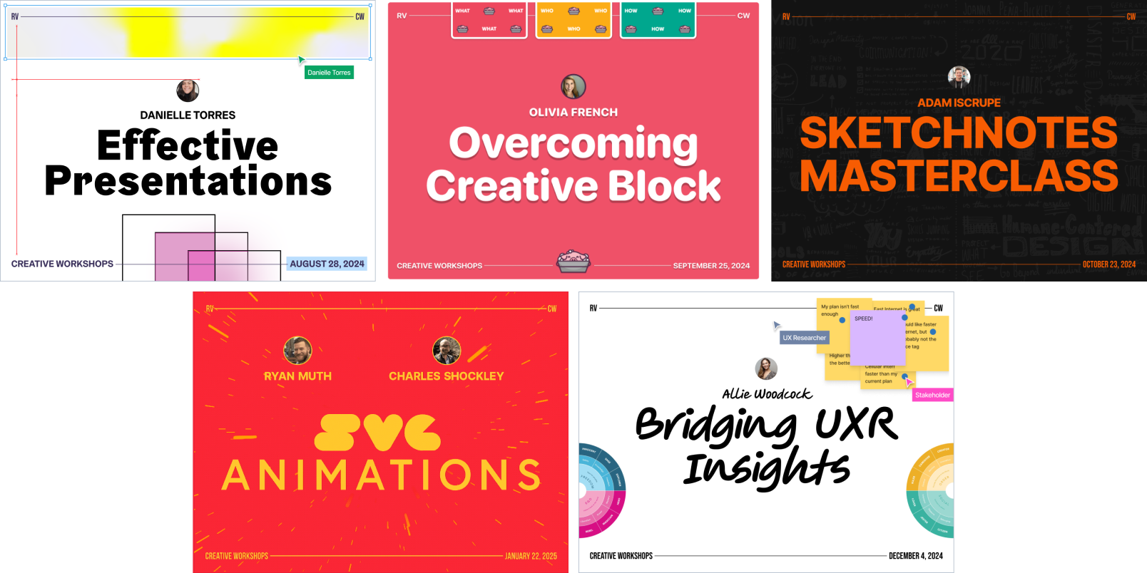 Presentation cover images for the first 5 workshops. Effective Presentations, Overcoming Creative Block, Sketchnotes Masterclass, SVG Animations, and Building UXR Insights